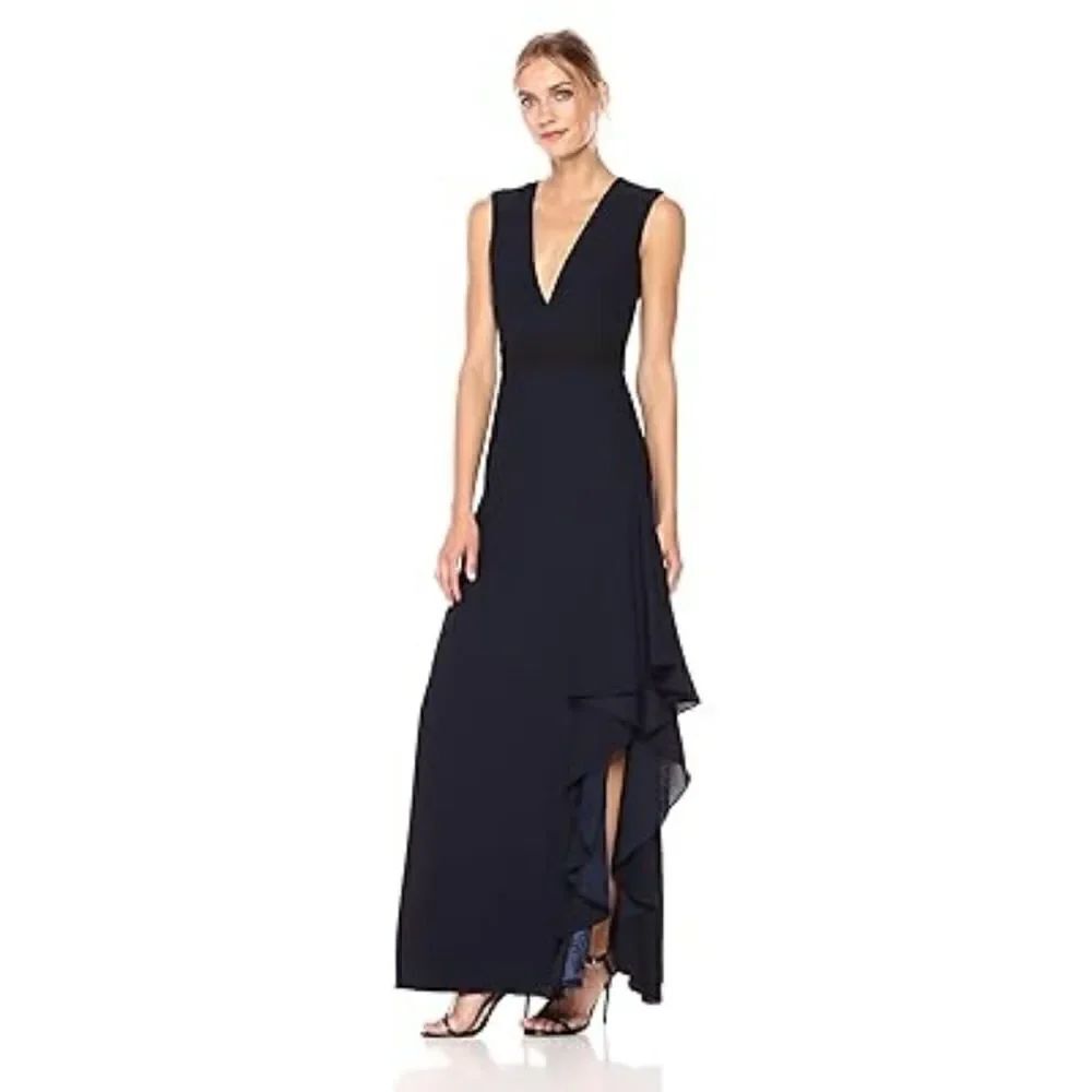 ML Monique Lhuillier NWT MSRP $395 Ruffled Deep V-neck Crepe Gown Size 2